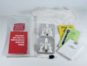 Narcan kit, including Pamphlet, Gloves, CPR Mask, 2 doses of Narcan®, Fentanyl Test Strip